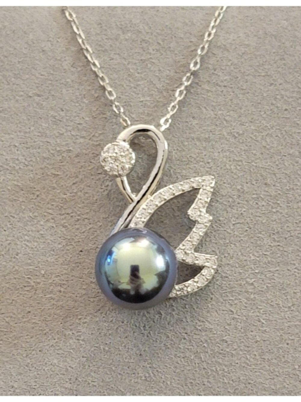 Black Pearl Pendant Necklace Moissanite Accent Silver 18+2in NWT